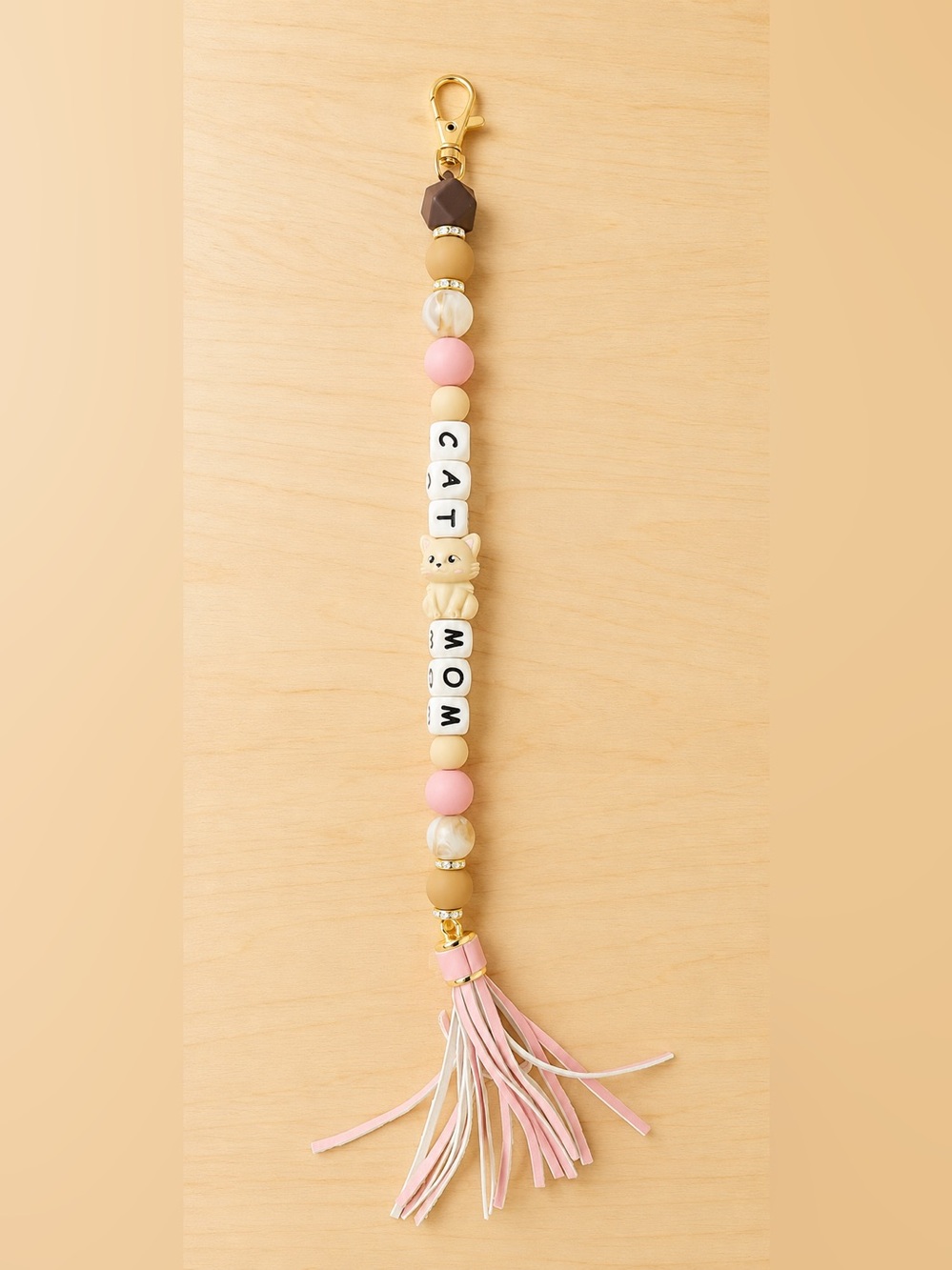 Pink and Cream 'CAT MOM' Beaded Key Chain with Tassel
